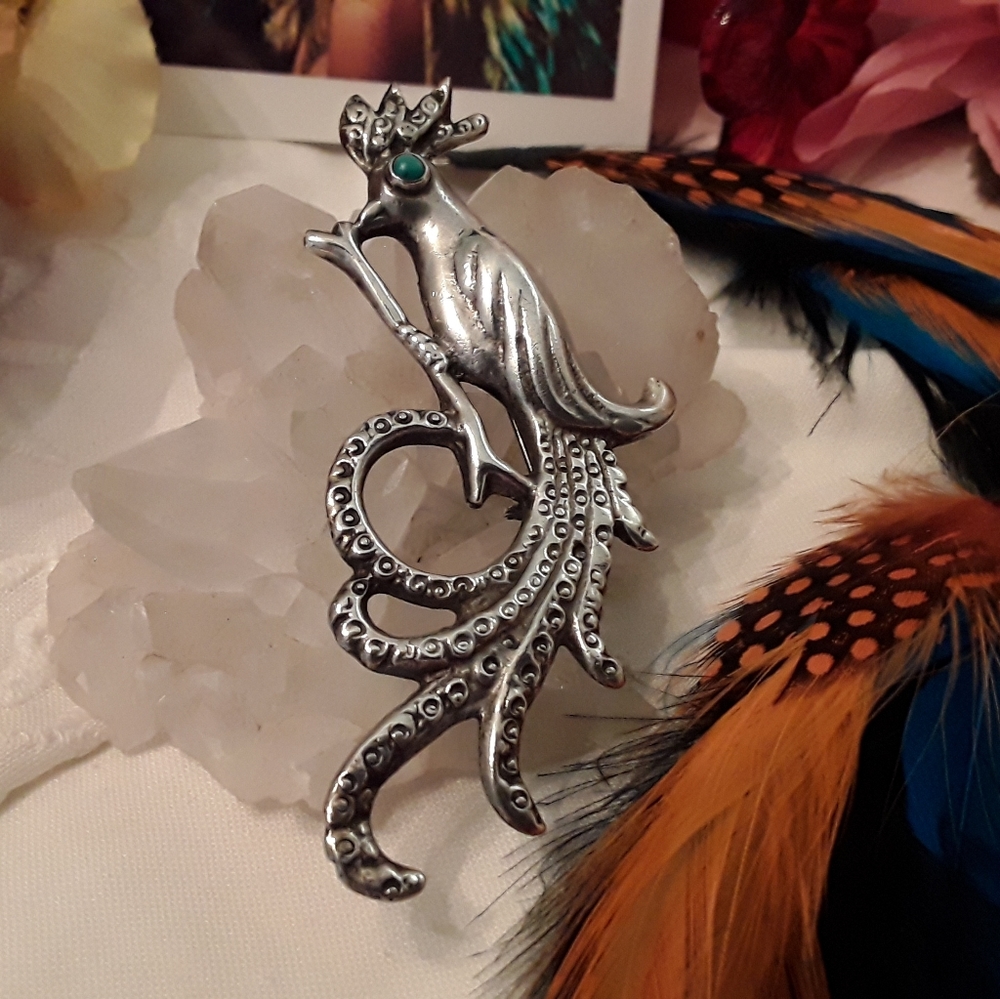 ANTIQUE 1940'S RARE STERLING SILVER PEACOCK PIN - Picture 3 of 16